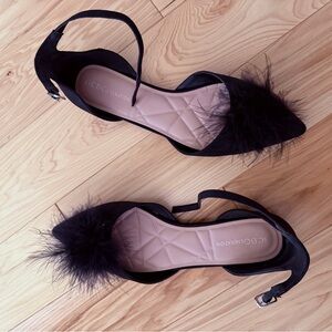 BCBGeneration Black Feathered Flat ankle strap sandal